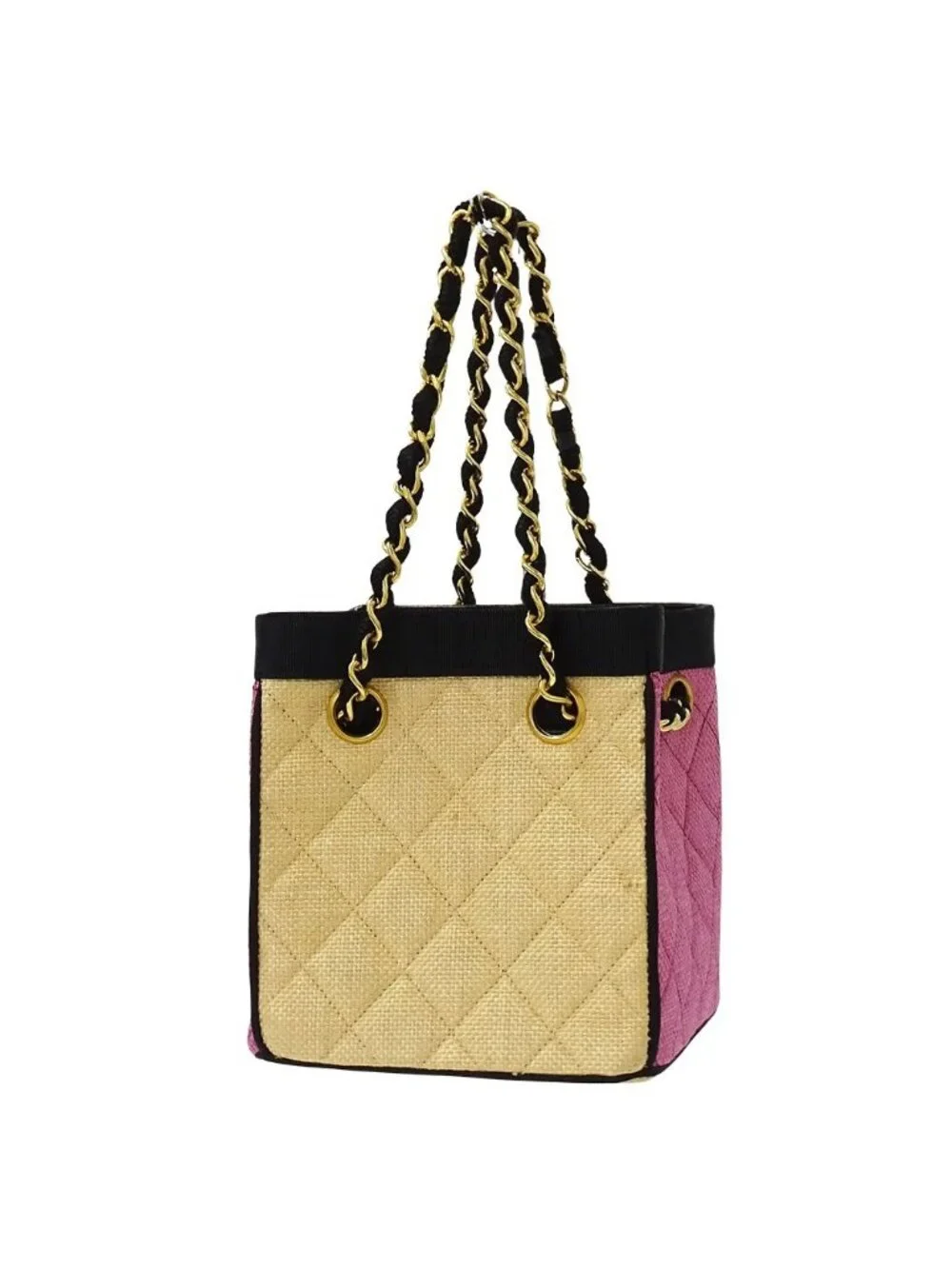 Chanel Quilted Shoulder Bag Straw Beige Pink Gold Chain Small
